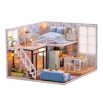 CUTEBEE Dollhouse Miniature with Furniture, DIY Wooden Dollhouse Kit Plus Dust Proof and Music Movement, 1:24 Scale Creative Room for Valentine's Day Gift Idea(Blue time)