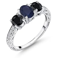 Gem Stone King 2.50 Ct Oval Blue Sapphire Black Sapphire 925 Sterling Silver Ring