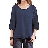 Flygo Womens Casual Loose 3/4 Sleeve Crewneck Cotton Linen Shirt Blouses Tops