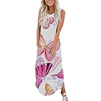 MORALES Maxi Dress for Women Summer Casual Loose Sleeveless Tank Dress Split Gradient Long Beach Sundresses with Pocket