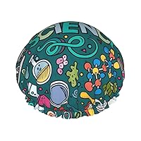 Cartoon Science Theme Print Double Layer Waterproof Shower Cap, Suitable For All Hair Lengths (10.6 X 4.3 Inches)