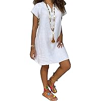 Alsoto Womens Casual Dresses Summer Cotton Linen Solid Short Sleeve Tunic Mini Dress