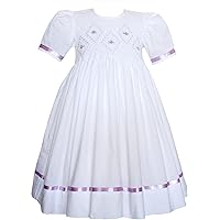 Carouselwear Formal Girls Classic White Smocked Dress with Lavender Embroidery and Ribbons