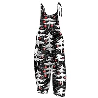 Women's Holiday Outfits 2023 Jumpsuit Christmas Print Casual Loose Vintage Shoulder Strap Cotton, S-3XL