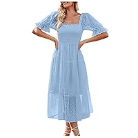 Women Frill Square Neck Puff Short Sleeve Swiss Dot Dress Summer Chiffon Smocked Belted Elegant Empire Waist Dresses