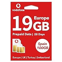 Vodafone Europe Prepaid SIM Card 19GB Data 4G Internet in 34 Countries (Spain 100 GB+Unlimited Calls) Supported Mobile Hotspot Travel Use in UK Switzerland Turkey Italy for 28 Days，Cell Phone SIM