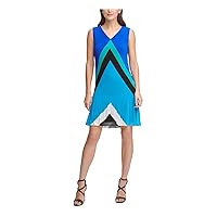 DKNY Womens Blue Zippered Pleated Chiffon Printed Sleeveless V Neck Short Cocktail Shift Dress 10