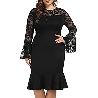 Mermaid Dresses for Women Plus Size Lace Elegant Church Dresses Black 16W