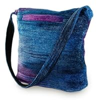 NOVICA Handmade Chenille Shoulder Bag Bamboo in Guatemala Cotton Blue Solid 'Magical Moon'
