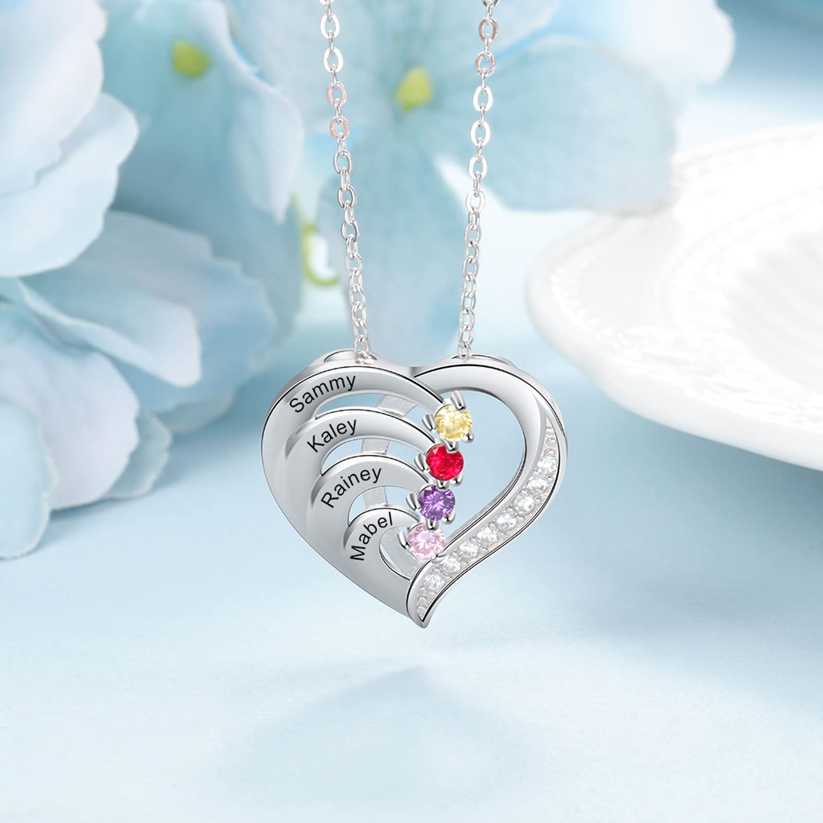CTIEIP 10K/14K/18K Gold Diamond Personalized Name Heart Necklace with 1-4 Birthstones Real Diamond Engraved 1-4 Names Pendant Jewelry Gift for Mom