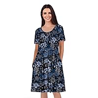 Women's Short Sleeve Empire Knee Length Dress with Pockets Blue Floral