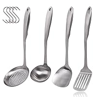 4-Piece Kitchen Utensils Set, Cooking Utensils 304 Stainless Steel Kitchen Gadgets with Spatula, Soup Ladle, Wok Spatula, Skimmer Spoon, Heat Resistant Handle and Dishwasher Safe