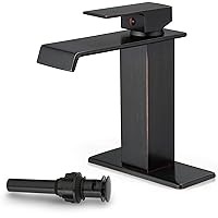 Oil Rubbed Bronze Bathroom Faucet Waterfall Faucet, Brass Single Handle Bathroom Sink Faucet 1 Hole or 3 Holes, 4 Inch Bathroom Faucets with Deck Plate & Pop-Up Drain for Farmhouse Quick Install