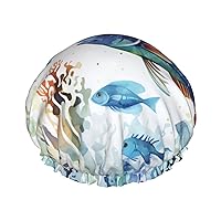 Ocean Life Print Shower Caps for Women Reusable Bath Caps Double Layer Waterproof Hair Cap with EVA Lining Soft Comfortable Bath Hat for all Hair Types
