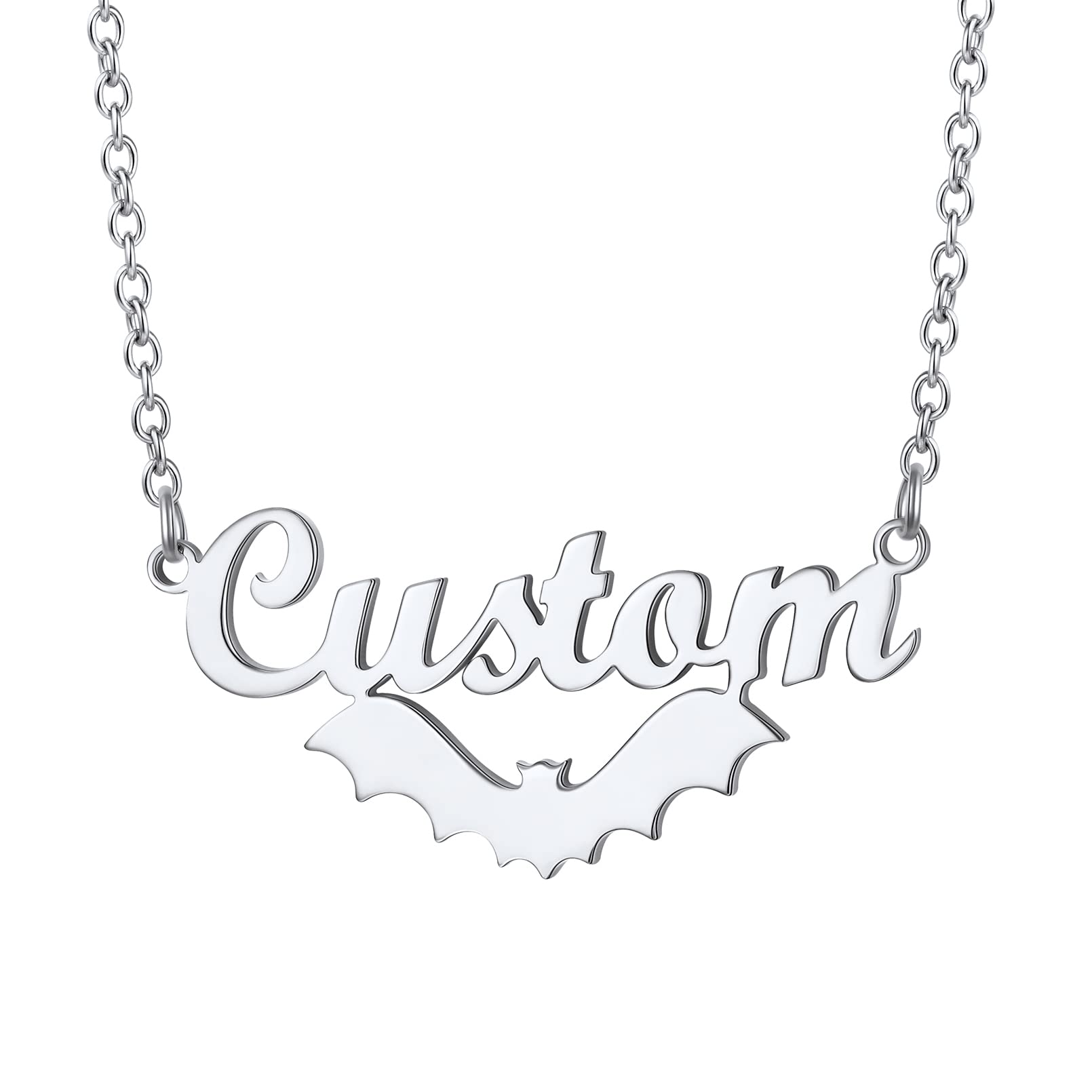 Custom4U Bat Name Necklace Personalized Custom Nameplate Necklaces Stainless Steel/925 Sterling Silver, Customized Gothic Jewelry Gifts for Women Men Halloween Birthday (Gift Box)