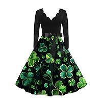 Spring Dresses for Women, Vintage Classic Dress Long Sleeve St. Patrick's Day Print V-Neck Swing Dress Flowy Women Bodycon Floral Summer Dresses Casual Dress Casual Dresses (XL, Dark Green)
