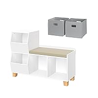 RiverRidge Kids Catch-All Multi-Cubby Storage Bench with 2pc, White with 2 Gray Bins