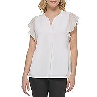 Calvin Klein Women's Petite Essential Light Weight Stretch Crepe V-Neck Shirt