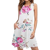 Womens Fashion Flower Tank Dress Summer Casual Loose Fit Beach Sundress Sleeveless Crewneck Mini Dress with Pockets