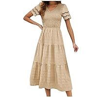 Women's Short Sleeve V-Neck Loose Plain Maxi Dresses Casual Vacation Long Dresses Ruffle Tiered A-Line Swing Dress
