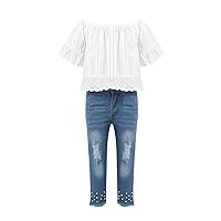 Kids Girl 2PCS Fashion Clothes Off-Shouder Ruffle Lace Flare Shirt Top Jeans Pants Set Casual Outfits