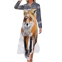 Women's Button Down Maxi Shirt Dress Fox Snowday Casual Long Sleeve Loose Shirt Dresses