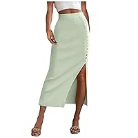 Brown Skirt with Slit Women's High Waist Slit Wrap Skirt Summer Trendy Button Split Skirts Office Work Midi Skirt Casual Mid Calf Skirts Women's Skirts Knee Length