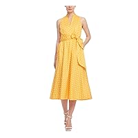 Anne Klein Womens Yellow Stretch Pocketed Ruched Tie Polka Dot Sleeveless Split Midi Formal Fit + Flare Dress XXS