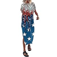 American Flag Dress Women Summer Independence Day Print Round Neck Casual Loose Split Side Beach Vacation Dresses