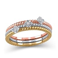 10K Tri-Tone Gold Diamond Accent Rope-Textured Flower Stackable Three Ring Set (I-J/12-13)