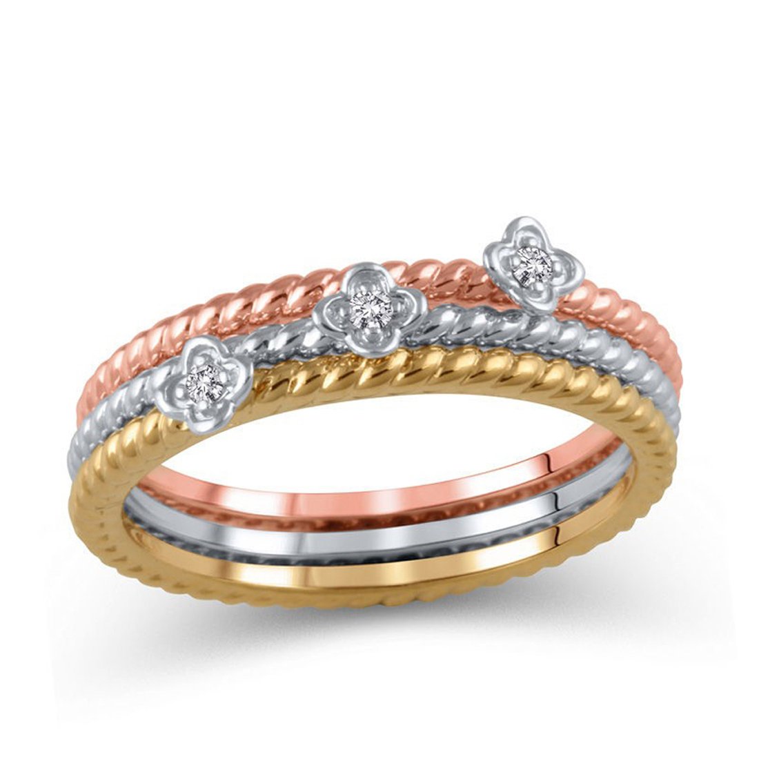 10K Tri-Tone Gold Diamond Accent Rope-Textured Flower Stackable Three Ring Set (I-J/12-13)