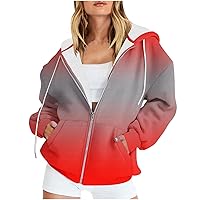 Women Fashion Ombre Tie Dye Jacket Zip Up Plus Size Y2K Hoodies Fall Long Sleeve Thick Warm Sweatshirt Casual Drawstring Coat