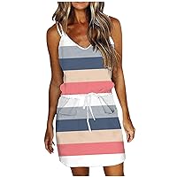 Womens Dresses Formal Short,Women Beach Dress Stripe Sleeveless Backless Camisole Beach Mini Sundress Fall Beac
