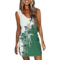 Women's Wedding Guest Dresses Summer Fashion Casual Printed V-Neck Sleeveless Dress with Pockets, S-2XL