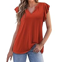Casual Top Ruched Tops for 2024 Summer Women Solid Color Fashion Sexy Elegant Loose with Short Sleeve V Neck Flowy Blouses Saffron Medium