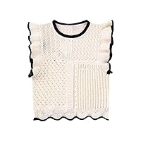 Women Vintage Knit Top Summer Sweater Vest Sleeveless Round Neck Ruffles Contrast Trims Blouse