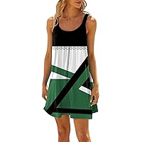Women's Sundress Beach Dress for Women 2024 Summer Print Fashion Sparkly Loose Fit with Sleeveless Round Neck Ruched Dresses Dark Green Large
