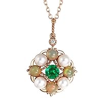 KnSam Real Gold Jewellery Women's Necklace Made of 18 Carat Rose Gold, Round Flower Shape with 0.44 Carat Green Emerald Pendant Chains Women's Necklace Gold Chain Rose Gold, 18 carat (750) rose gold,