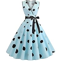 Women's Vintage Floral Print Dress 50's V Neck Sleeveless Retro Cocktail Patchwork Swing Dresses with Bow-Knot