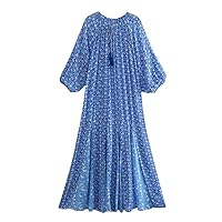 Vintage Chic Blue Floral Print Maxi Hippie Dresses Casual Women Tassels Tunic Dresses Boho Style Party Dress
