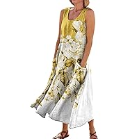 Summer Dresses for Women 2024 Printed Swing Sun Dress with Pocket Sleeveless Flowy Dresses Vacation Trendy Dress