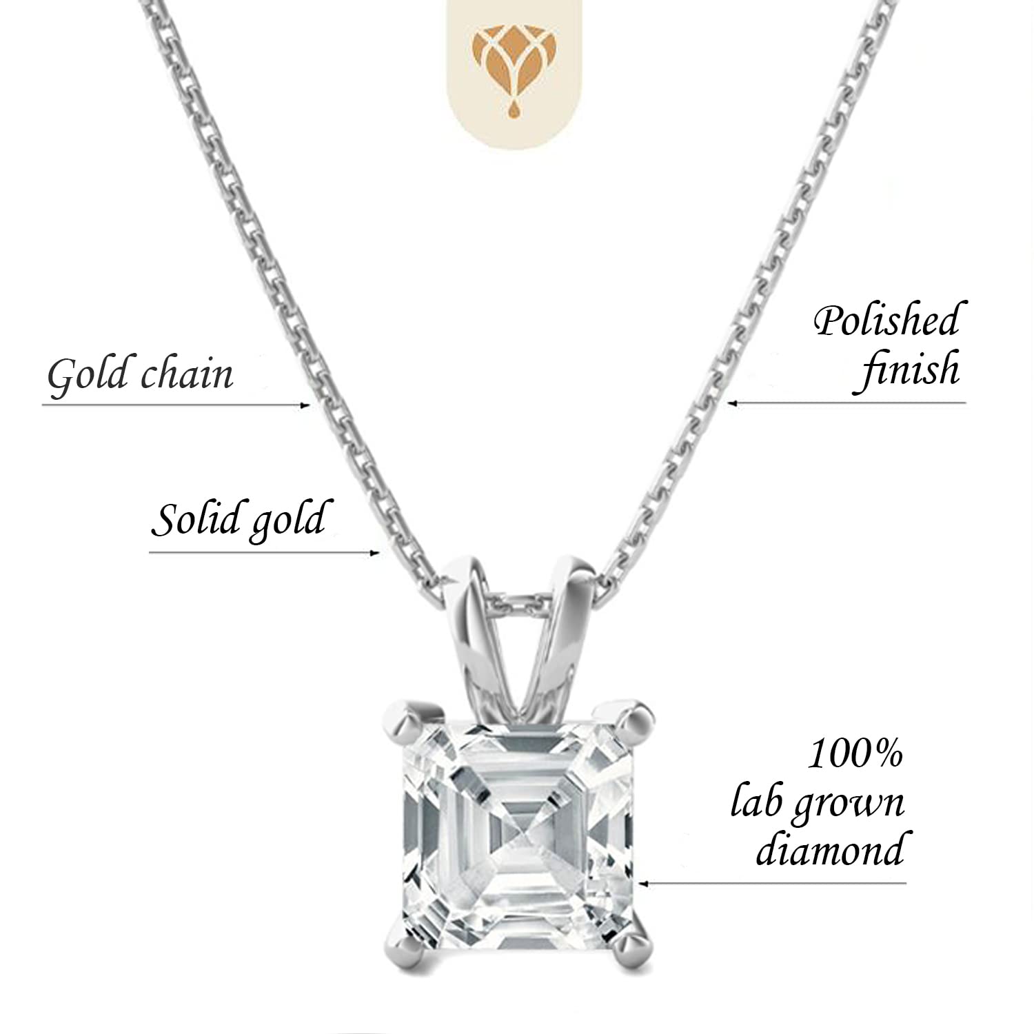 SI1-SI2 Clarity (.25-1.00 Carat) Cttw Lab-Grown Ascher Shape Solitaire Diamond Pendant Necklace Womens Girls |14k Yellow or White or Rose/Pink Gold with 18