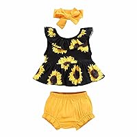 Girl Sunflower Outfit Baby 3PCS Set Summer Casual Clothes Toddler Ruffle Hem Sleeveless Tops and (Yellow, 6-12 Months)
