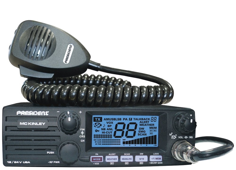 President Electronics MC Kinley USA Hm AM/SSB Tranceiver CB Radio, 40 Channels, 7 Weather Channels, Channel Rotary Switch, Volume Adjustment and ON/Off, Multi-Functions LCD Display, 12/24V