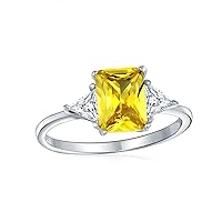 Bridal Past Present Future 3 Stone 3CT CZ Canary Yellow Pink Blue Sapphire AAA Cubic Zirconia Rectangle Solitaire Emerald Cut Engagement Ring Trillion Cut Side Accent .925 Sterling Silver