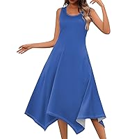Women's Sun Dresses Casual Flowy Dresses for Women 2024 Summer Solid Color Simple Classic Casual Slim with Sleeveless Crewneck Tunic Dress Blue XX-Large