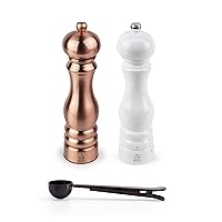 Peugeot Paris Chef Carbone u'Select Stainless Steel 22cm 9 inch Copper Pepper Mill w/White Lacquered Salt Mill- With Stainless Steel Spice Scoop/Bag Clip