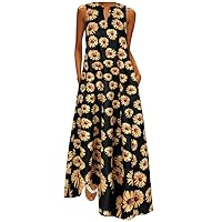 Womens Boho Long Maxi Dress Plus Size Floral Printed Long Dresses Loose Fitting Sleeveless V Neck Dress with Pockets
