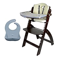 Abiie Beyond Junior Mahogany Wood/Cream Cushion Convertible 3-in-1 Wooden High Chairs for 6 Months to 250 lbs, and Ruby Wrapp Gray Waterproof Silicone Bibs with Front Pocket - Baby Essentials
