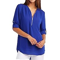 Womens Zip V Neck Chiffon Blouse Cuffed Pleated Shirts Half Zip up Casual Tunic Shirts Half Zip up Casual Solid Loose Top